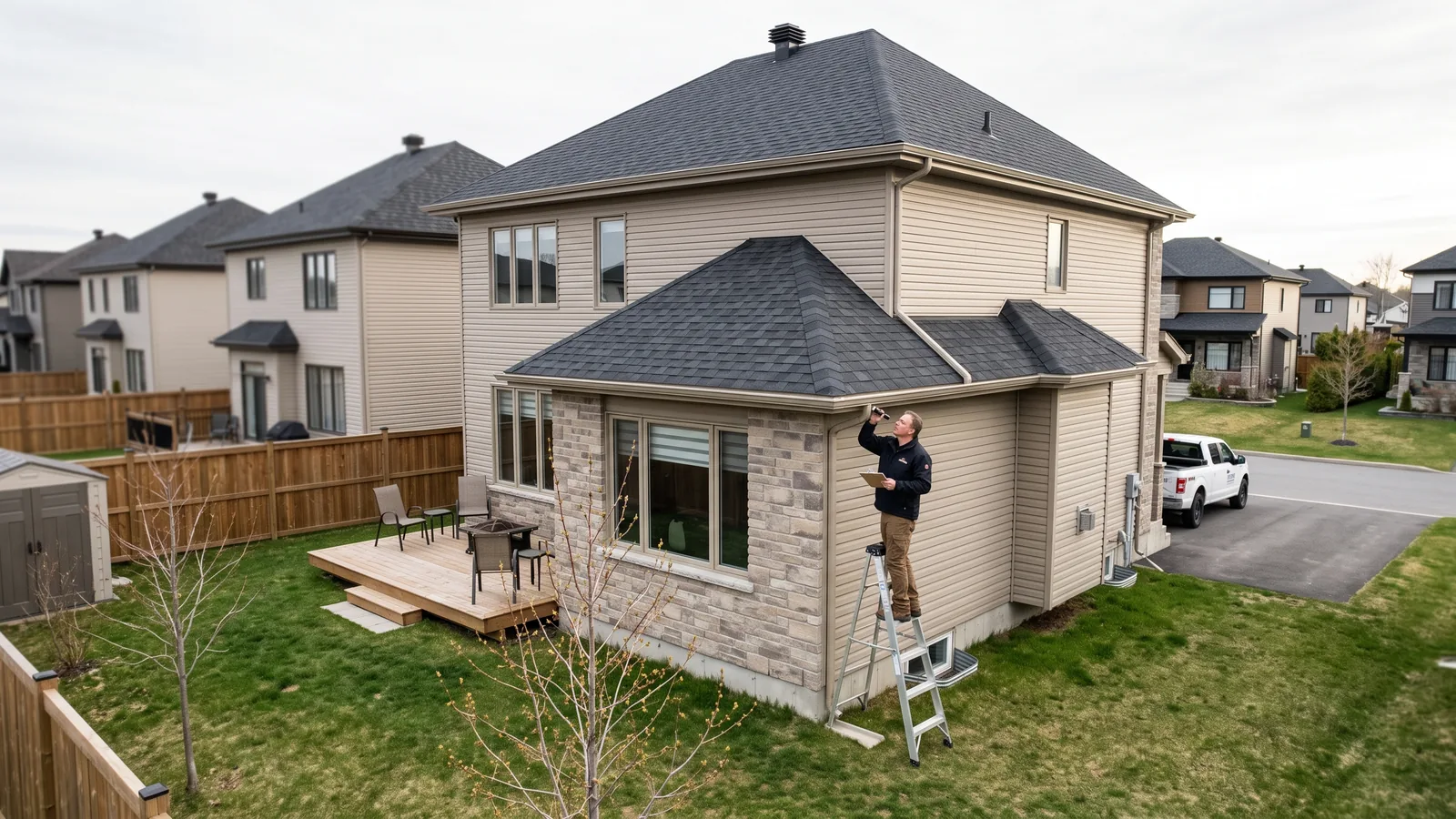 Inspecteur en bâtiment devant une propriété à Lévis