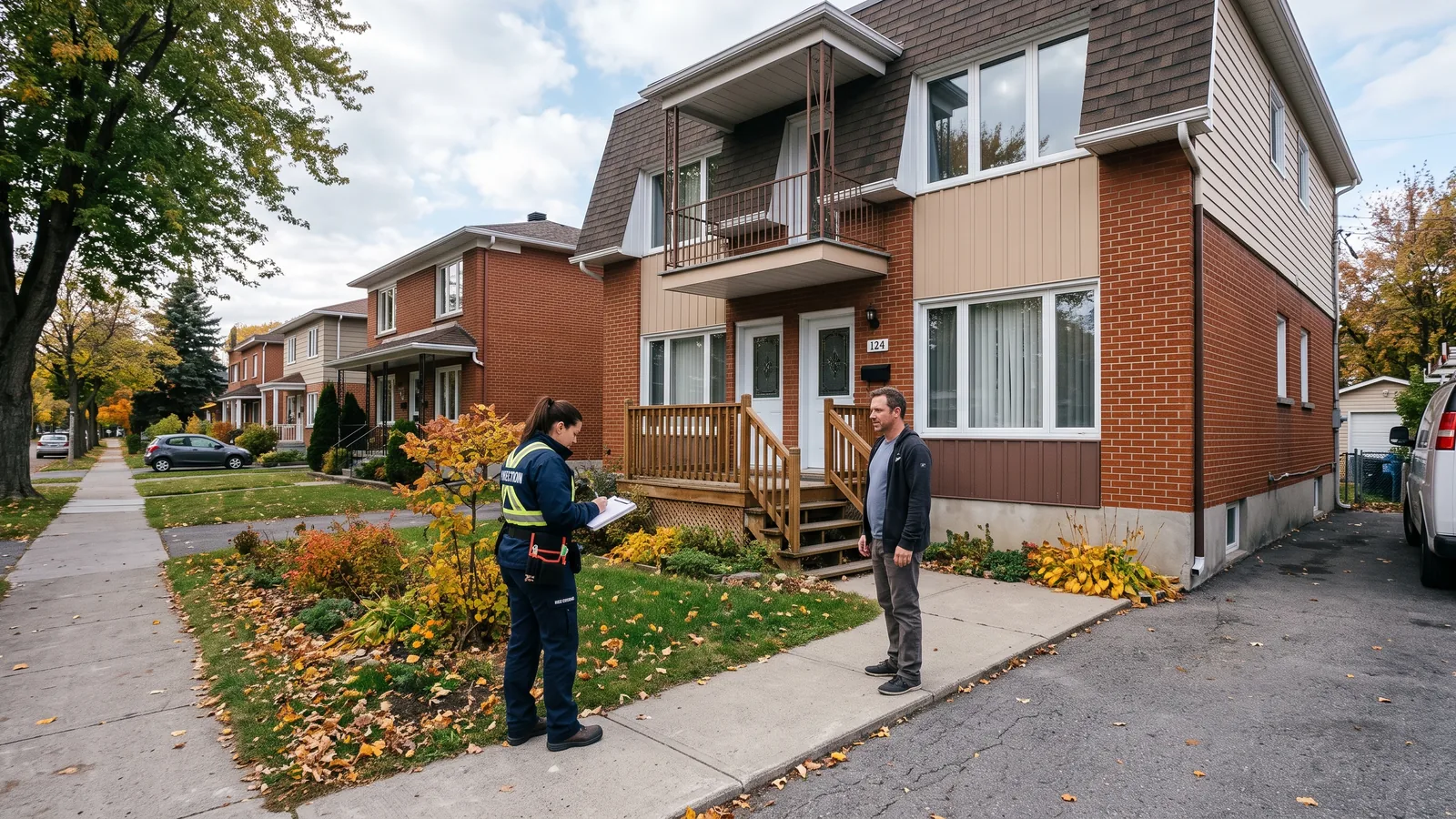 Inspecteur en bâtiment devant une propriété à Longueuil