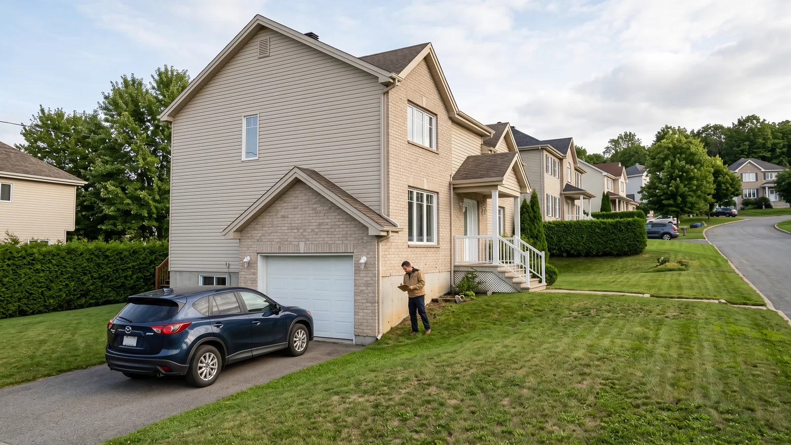 Inspecteur en bâtiment devant une propriété à Sherbrooke