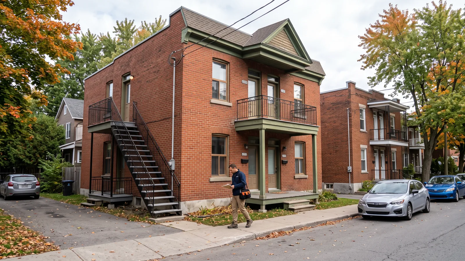 Inspecteur en bâtiment devant une propriété à Sutton